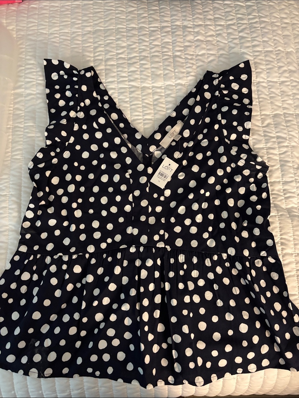 LOFT Black and White Polka Dot V-Neck Peplum Top